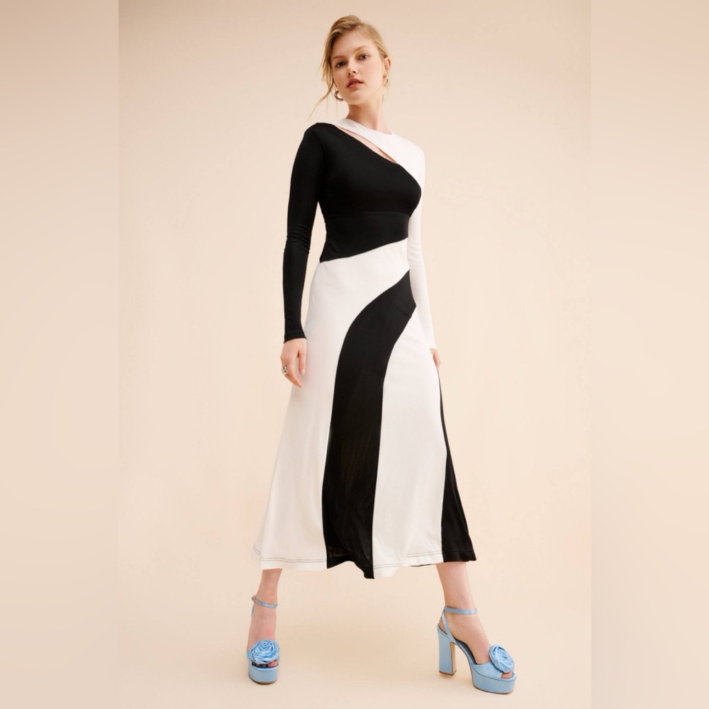 Farm Rio NEW Black And White Cut-Out Long Sleeve Midi Dress